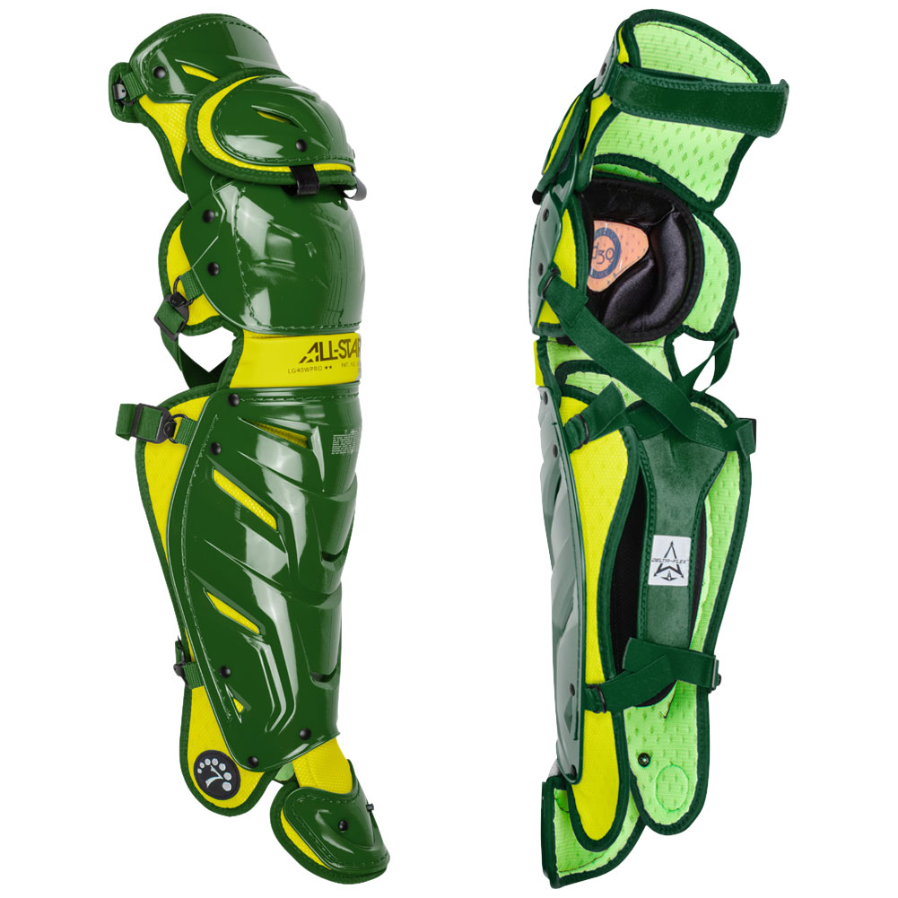 All Star Adult System 7 Axis Catcher Baseball Leg Guards Dark Green/Gold