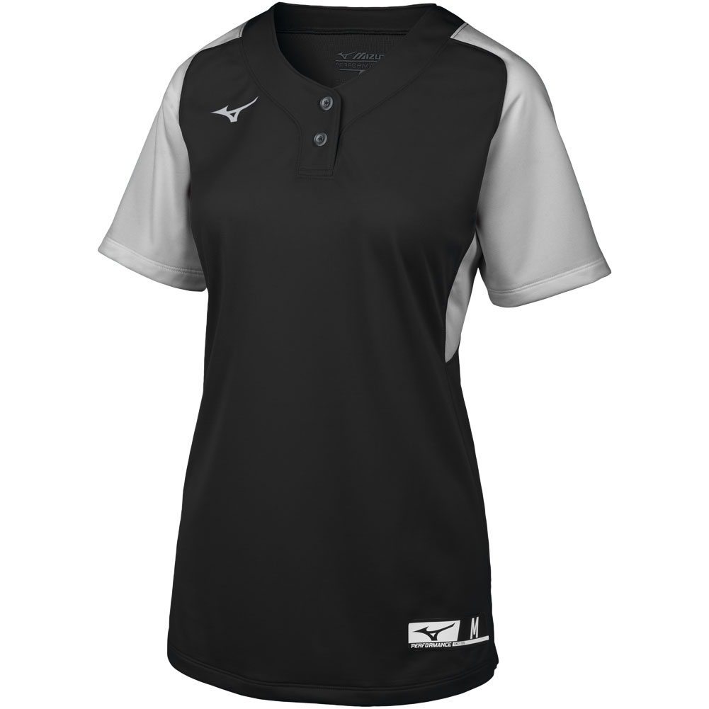 Mizuno Youth Aerolite 2-Button Fastpitch Softball Jersey Black/Grey L