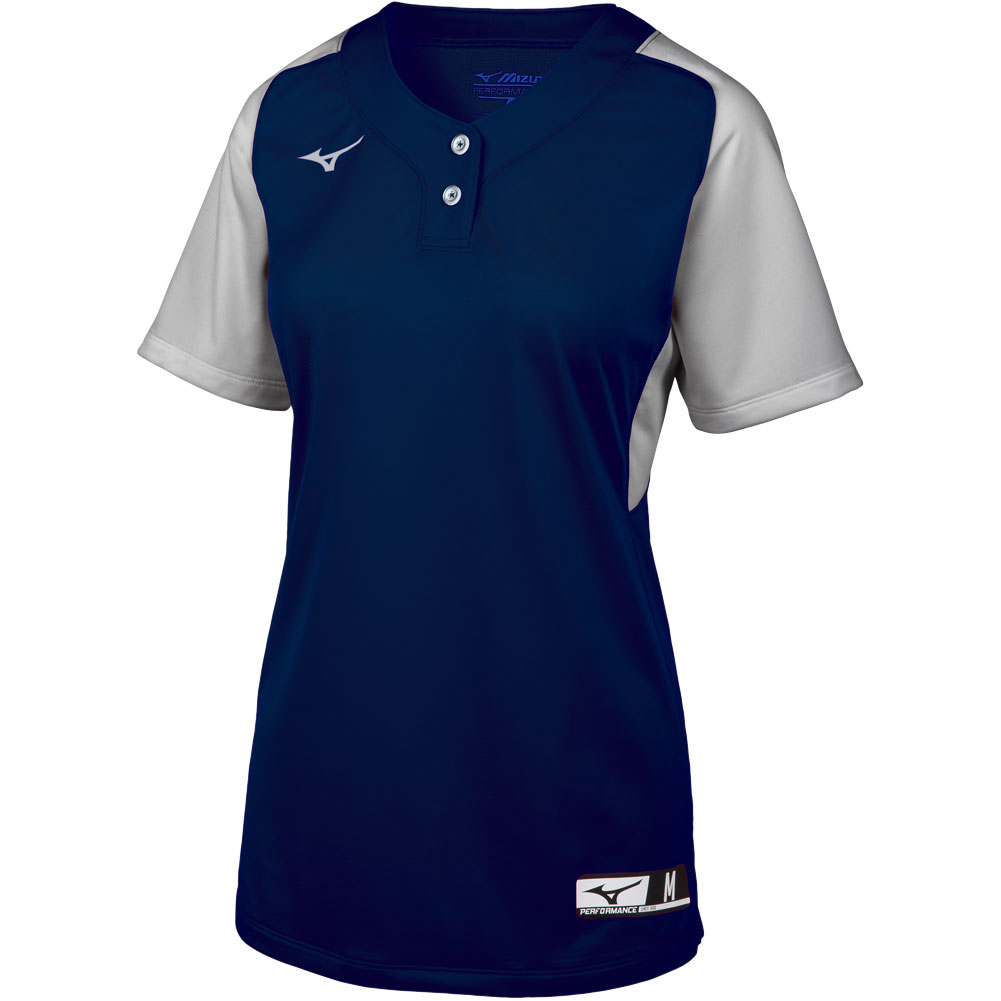 Mizuno Youth Aerolite 2-Button Fastpitch Softball Jersey Navy/Grey L