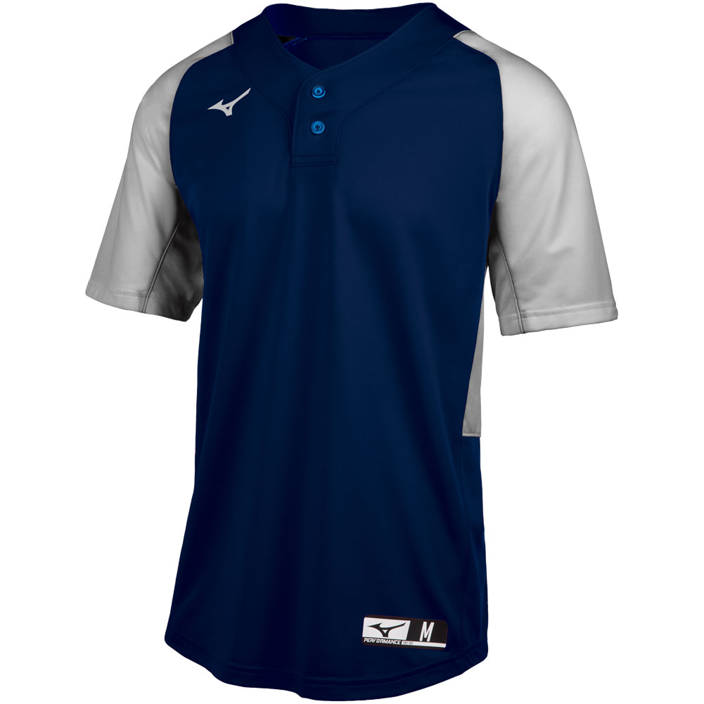 Mizuno Mens Aerolite 2-Button Baseball Jersey Navy/Grey L