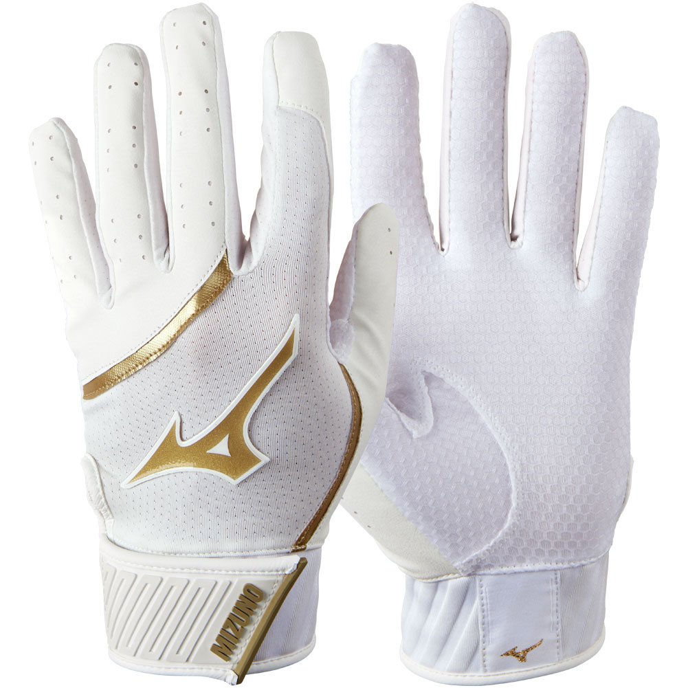 Mizuno Adult MVP Baseball Batting Gloves White/Gold Small